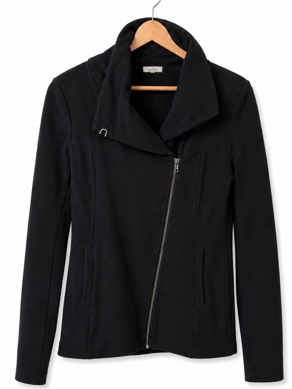 EcoSkin Black Asymmetrical Zip Jacket Convertible Cowl Neck Ponte M